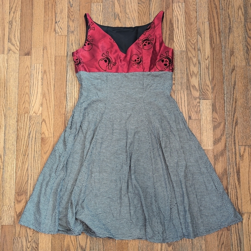 Vintage Handmade Midi Dress with Plaid and Red Skulls, Side Zip